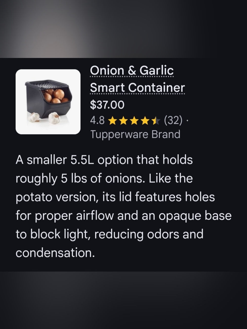 Tupperware Onion & Garlic Smart Container - Black